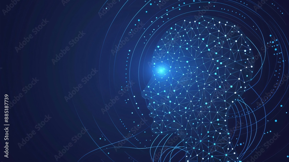 Obraz premium Abstract blue digital human head silhouette with glowing light and connected dots, representing artificial intelligence, machine learning, and global network technology concept for modern