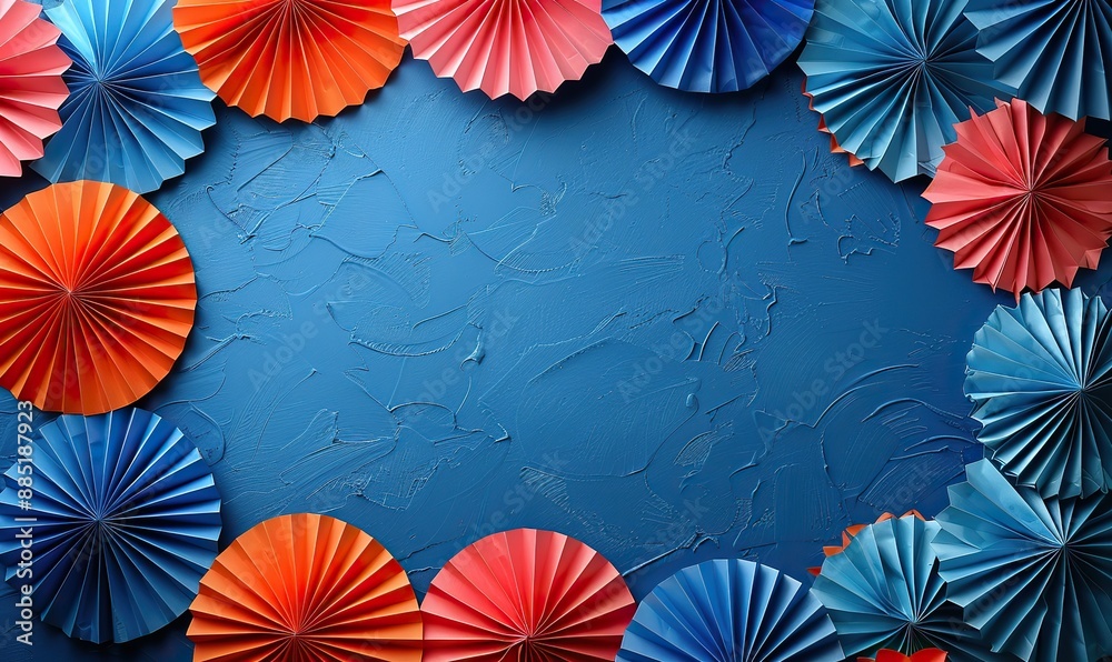 Fototapeta premium american paper fans on a blue background banner for th of july president s day,other us national holidays