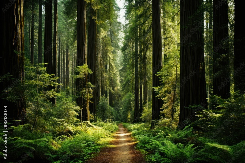 Sunlight shines through redwoods, lighting a winding forest path Sunlight shines through redwoods, lighting a winding forest path