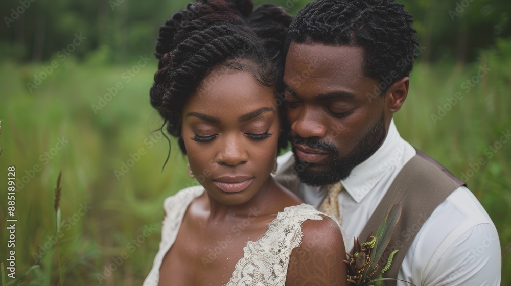 An intimate moment captured between a bride and groom in a serene outdoor setting, surrounded by lush green scenery and exuding a deep sense of love and connection An intimate moment captured between a bride and groom in a serene outdoor setting, surrounded by lush green scenery and exuding a deep sense of love and connection