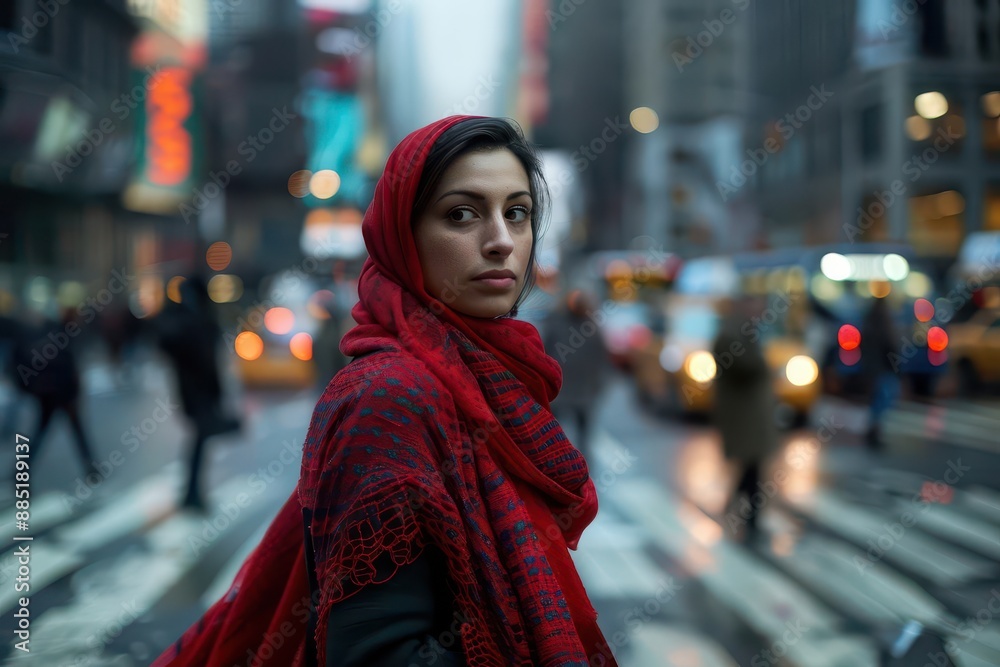 pensive woman in a vibrant red scarf standing still amidst the blur of a bustling city crosswalk capturing a moment of solitude in chaos pensive woman in a vibrant red scarf standing still amidst the blur of a bustling city crosswalk capturing a moment of solitude in chaos