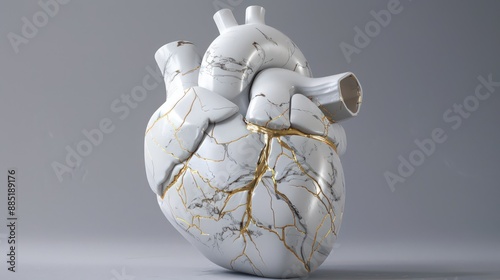 Wallpaper Mural A hyper-realistic 3D white marble heart, elegantly cracked with gold veins, stands central against a grey backdrop. Torontodigital.ca
