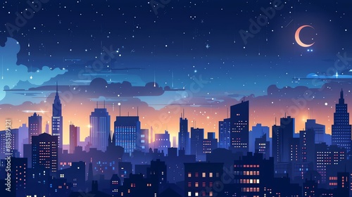 A digital illustration of a city skyline with a crescent moon and a starry sky. © AiStock