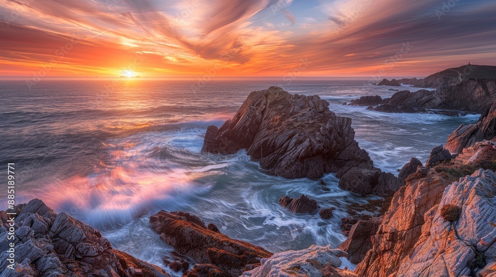 Fototapeta premium Sunset over a rocky coastline