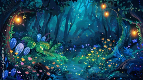 A magical forest scene with glowing fireflies, twinkling lights, and colorful flowers. © AiStock