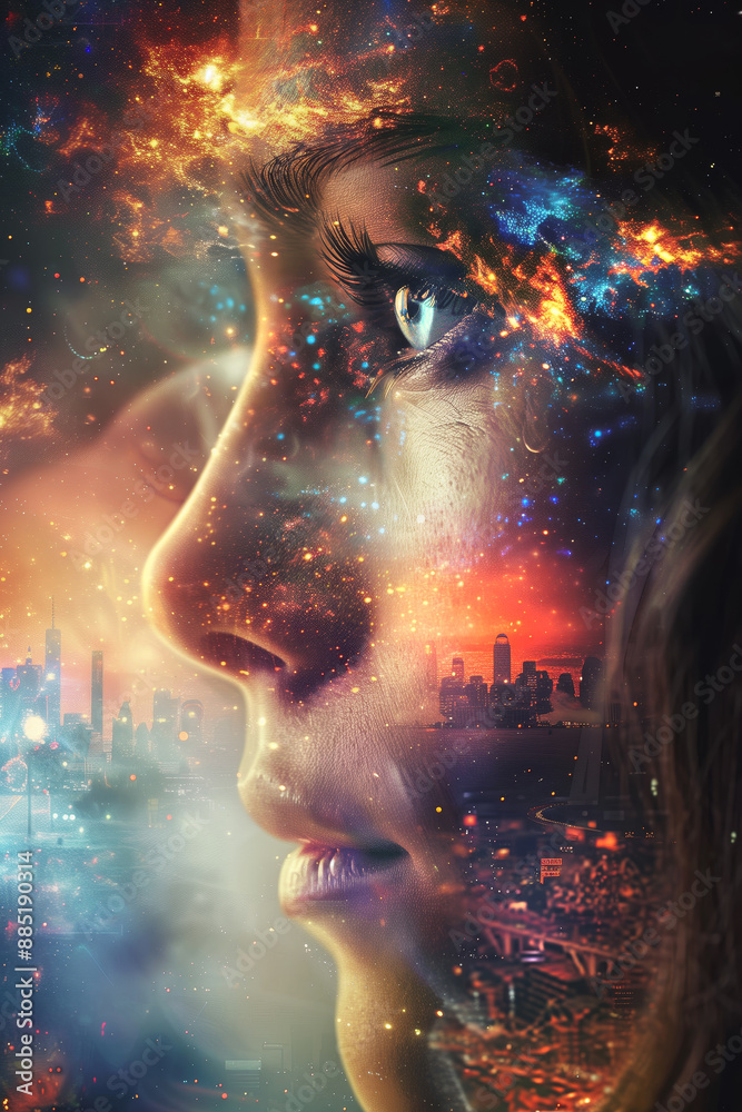 Portrait of woman face with galaxy and cityscape reflections over her face.