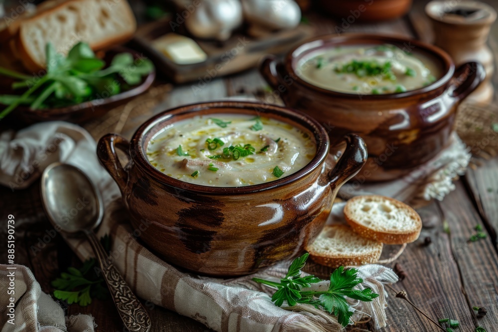 Mushrooms Cream Soup in Ceramic Pot, Homemade Creamy Soup Made of Champignons, Boletus Mushrooms Cream Soup in Ceramic Pot, Homemade Creamy Soup Made of Champignons, Boletus