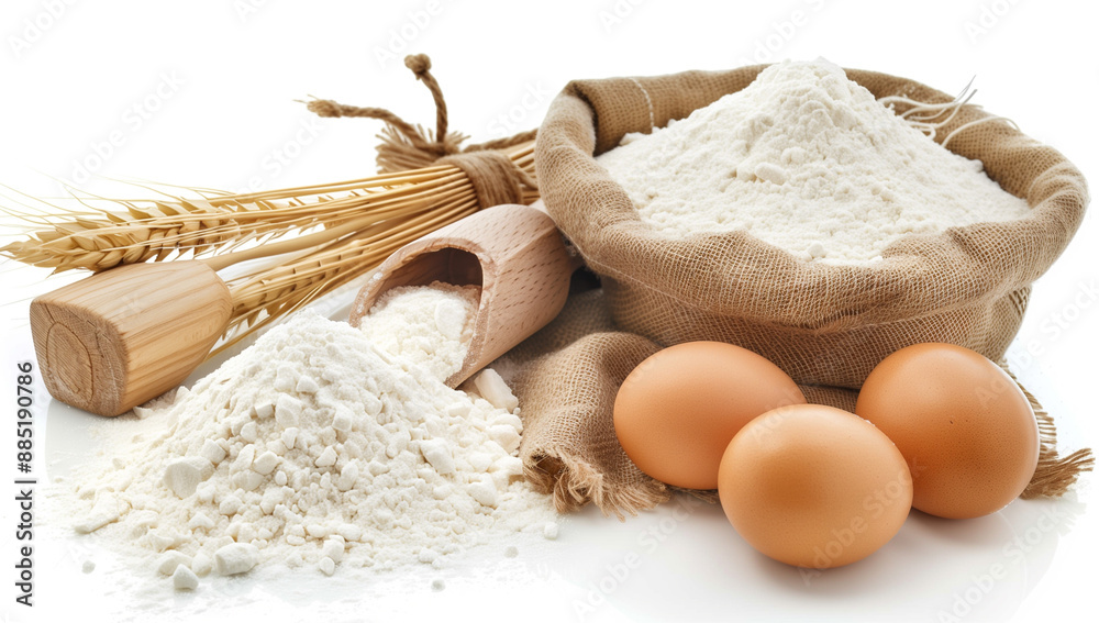 flour, eggs and wooden utensils on a white background flour, eggs and wooden utensils on a white background