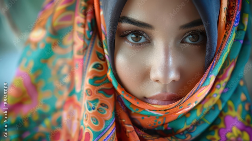 portrait of a beautiful asian muslim woman wearing a colorful hijab soft natural light enhancing her features intricate patterns in the fabric creating visual interest portrait of a beautiful asian muslim woman wearing a colorful hijab soft natural light enhancing her features intricate patterns in the fabric creating visual interest