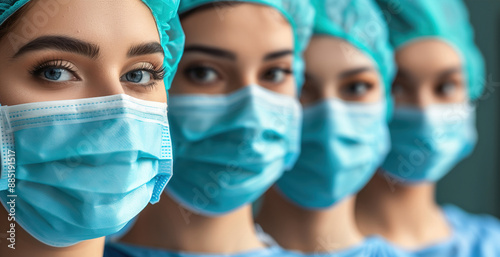 A line of blue: protective masks and focused eyes of medical professionals. A close-up view of a group of healthcare workers wearing blue surgical masks and caps