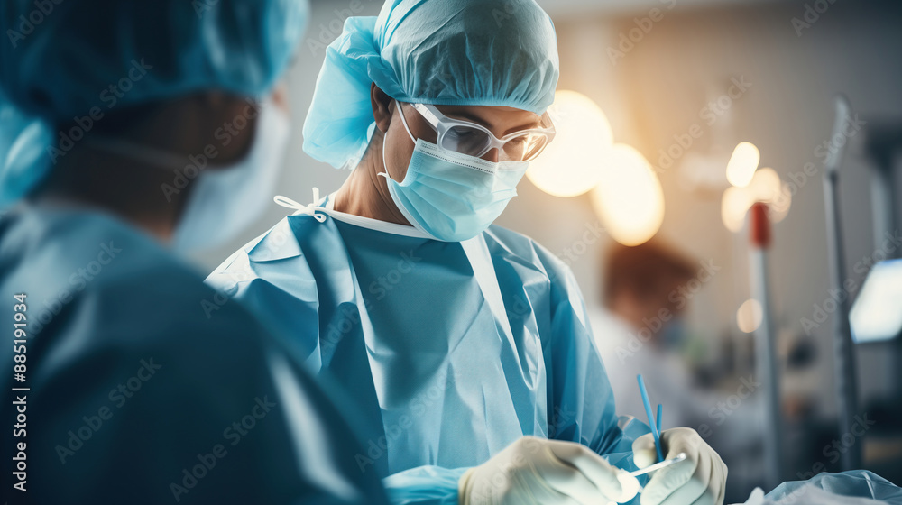A surgeon's focus: precision and skill in the operating room. A surgeon, dressed in sterile scrubs and wearing a mask and protective goggles, meticulously works on a surgical procedure A surgeon's focus: precision and skill in the operating room. A surgeon, dressed in sterile scrubs and wearing a mask and protective goggles, meticulously works on a surgical procedure