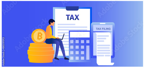Online tax filing concept, businessman filling tax form documents online vector illustration