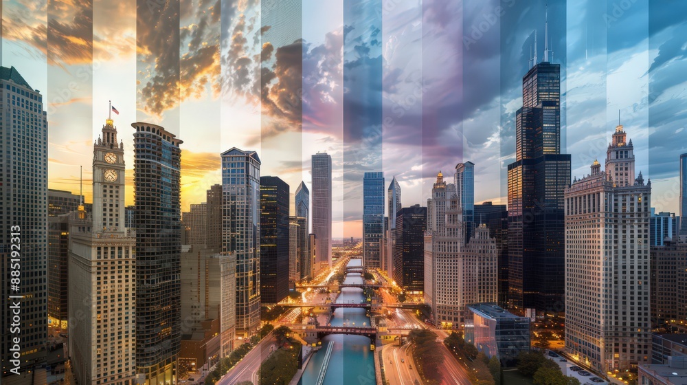 Capture the Chicago skyline with a time-lapse effect, showing the transition from day to night Capture the Chicago skyline with a time-lapse effect, showing the transition from day to night