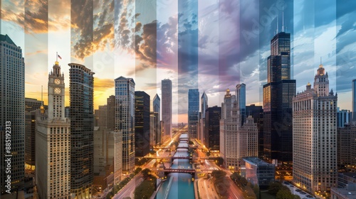 Capture the Chicago skyline with a time-lapse effect, showing the transition from day to night