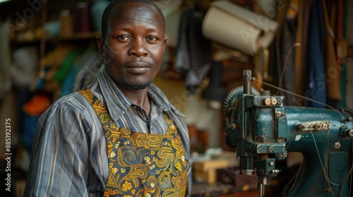 A skilled craftsman wearing a traditional patterned apron, standing beside a vintage sewing machine in a well-equipped workshop filled with various fabrics and tools essential to tailoring