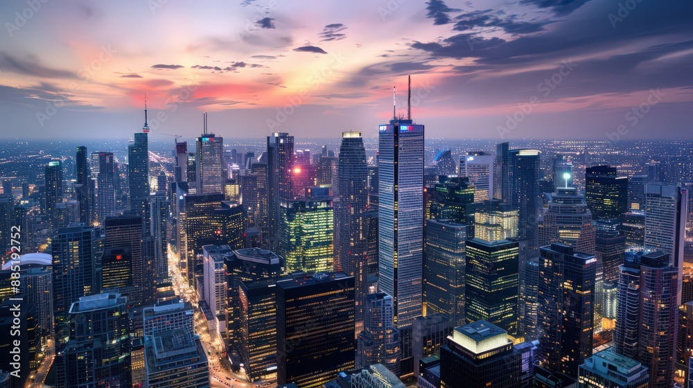Obraz premium Capture the dynamic energy of a bustling cityscape at night, with skyscrapers illuminated against a darkened sky in an aerial view