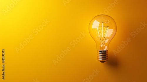 Close-up of a glowing light bulb against a solid yellow background, symbolizing ideas, innovation, and creativity. With copy space for text.