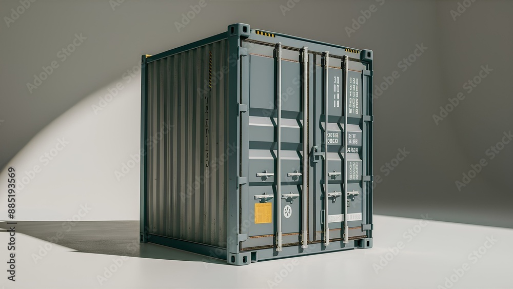 Modern Industrial Shipping Container with Detailed Lock Mechanism and Safety Markings for Cargo Transport and Storage in Logistics and Freight Industry. Metal Freight Storage Unit Transportation. Modern Industrial Shipping Container with Detailed Lock Mechanism and Safety Markings for Cargo Transport and Storage in Logistics and Freight Industry. Metal Freight Storage Unit Transportation.
