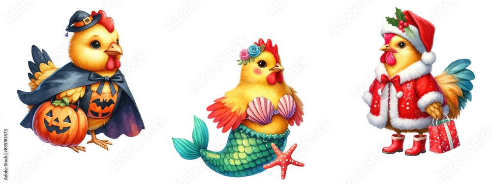 Watercolor festive chickens clipart, isolated on transparent background Watercolor festive chickens clipart, isolated on transparent background