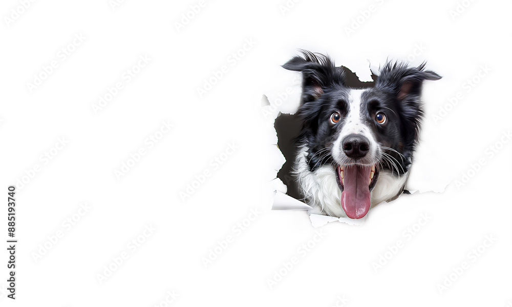 A happy black and white puppy peeks out from a torn hole in white paper. Border collie dog looking through a hole on a white background. Banner, with copy space, veterinary medicine, animal food A happy black and white puppy peeks out from a torn hole in white paper. Border collie dog looking through a hole on a white background. Banner, with copy space, veterinary medicine, animal food
