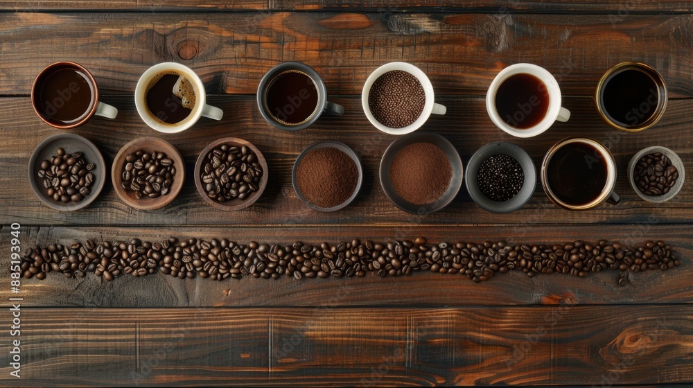 Different coffee brewing methods with beans and cups on a wooden table, flat lay, coffee culture Different coffee brewing methods with beans and cups on a wooden table, flat lay, coffee culture