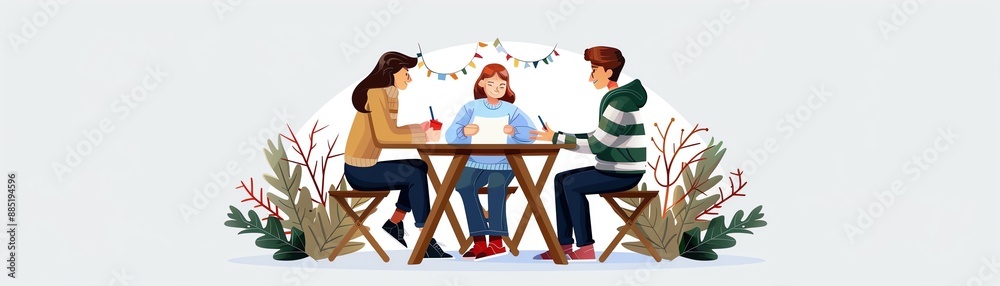 Illustration of three people sitting at a table outdoors, enjoying a conversation. Perfect for themes of friendship and social interaction. Illustration of three people sitting at a table outdoors, enjoying a conversation. Perfect for themes of friendship and social interaction.