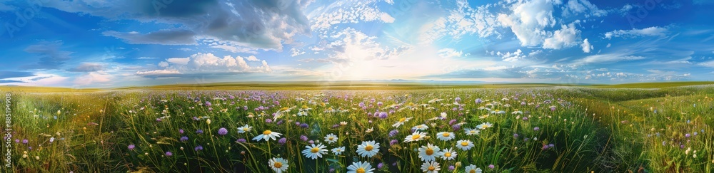 Summer Meadow with Blooming Daisies under a Blue Sky Summer Meadow with Blooming Daisies under a Blue Sky