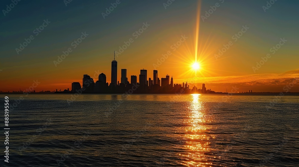 The sun setting behind a distant city skyline The sun setting behind a distant city skyline
