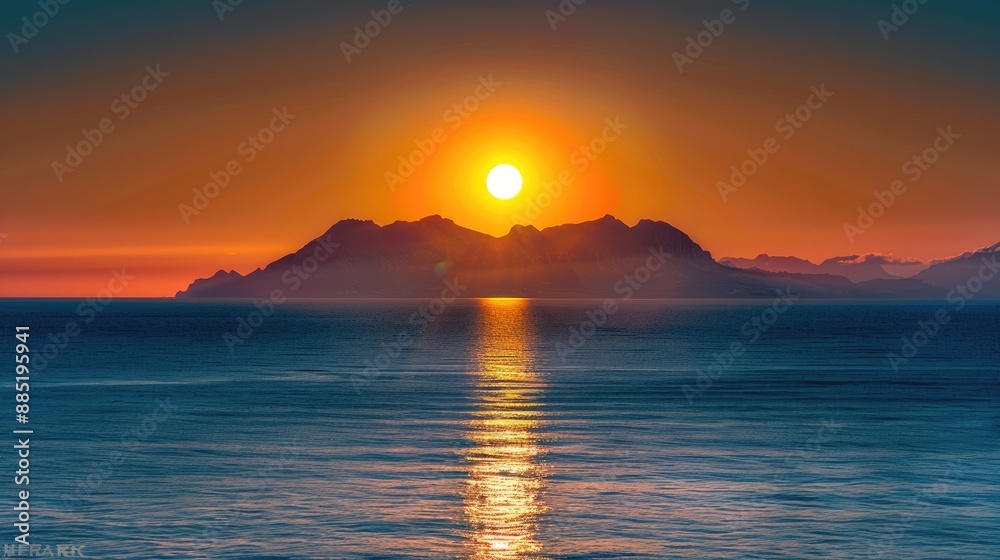 The sun setting behind a distant mountain range The sun setting behind a distant mountain range