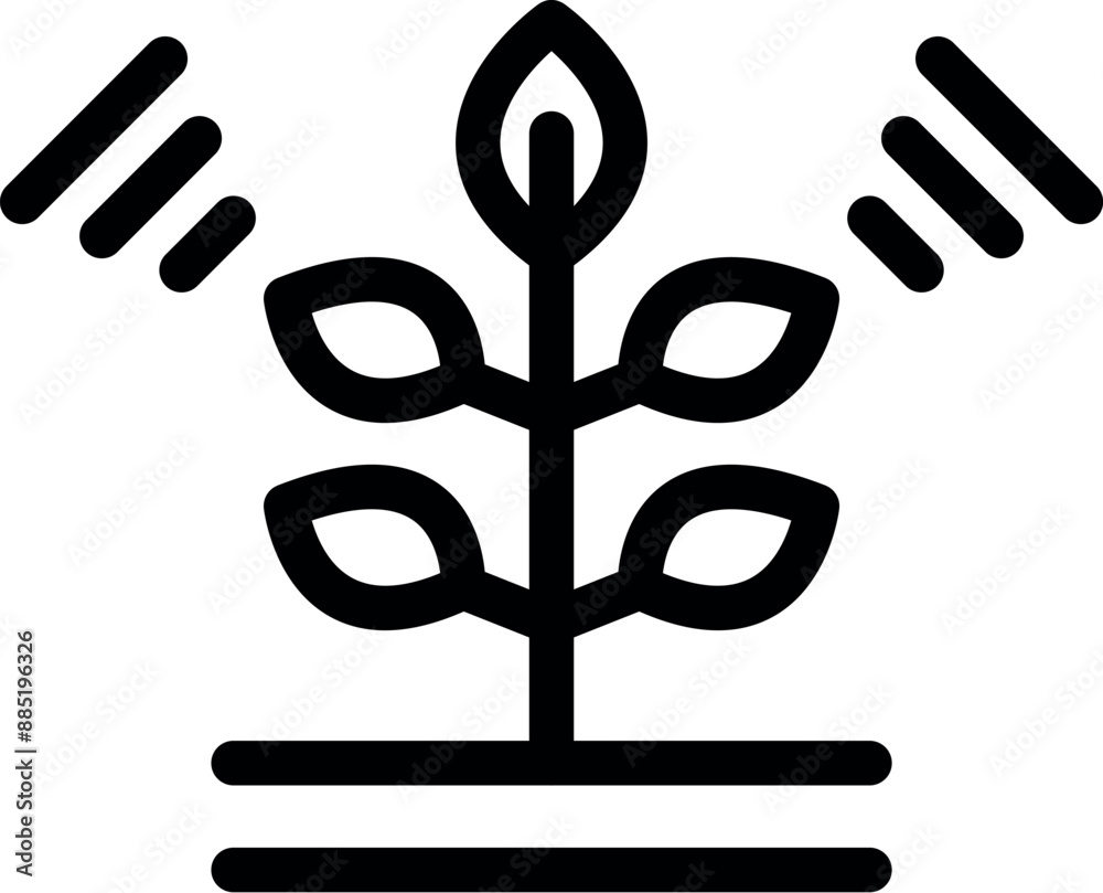 Simple icon representing a young plant growing under a light source Simple icon representing a young plant growing under a light source