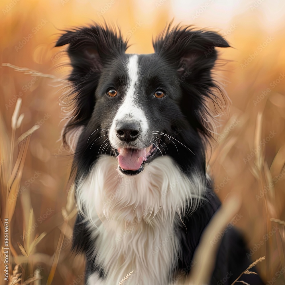 Outdoors photo of black white border collie dog standing and looking in camera on green summer park background Outdoors photo of black white border collie dog standing and looking in camera on green summer park background