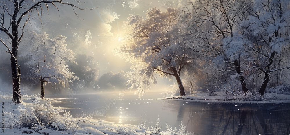 Fototapeta premium Enchanted Winter Landscape with Frosty Trees and a Sparkling Lake
