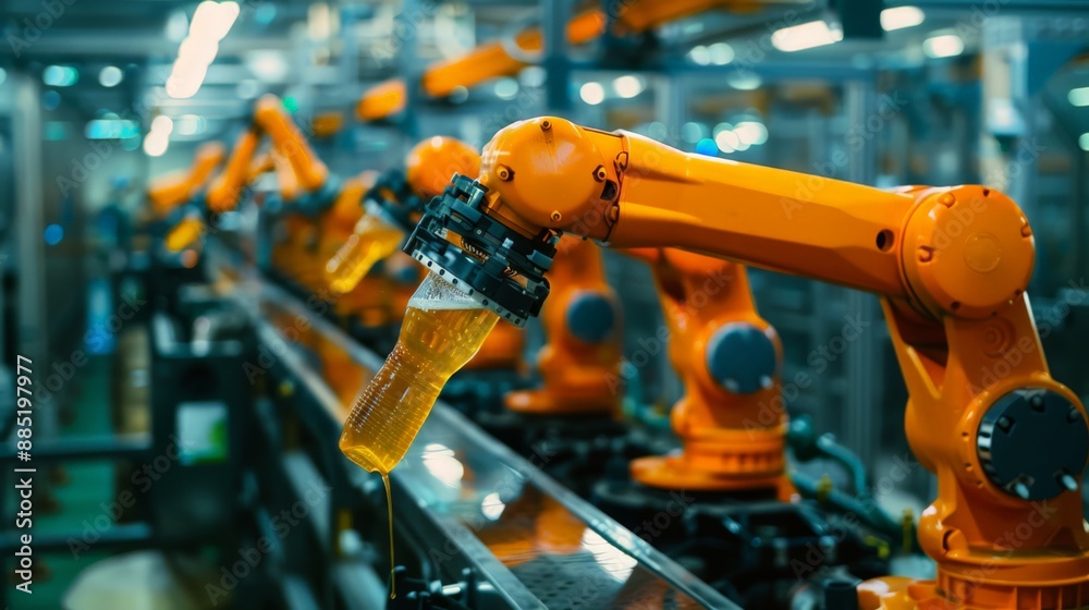 Document the efficiency of robots in a bottling plant, seamlessly filling, capping, and packaging beverages at high speed. Document the efficiency of robots in a bottling plant, seamlessly filling, capping, and packaging beverages at high speed.