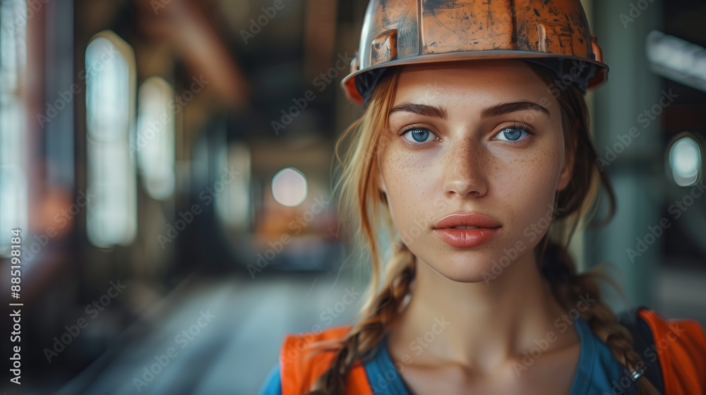 Young female construction worker with hard hat in an industrial factory, Space For Text Young female construction worker with hard hat in an industrial factory, Space For Text