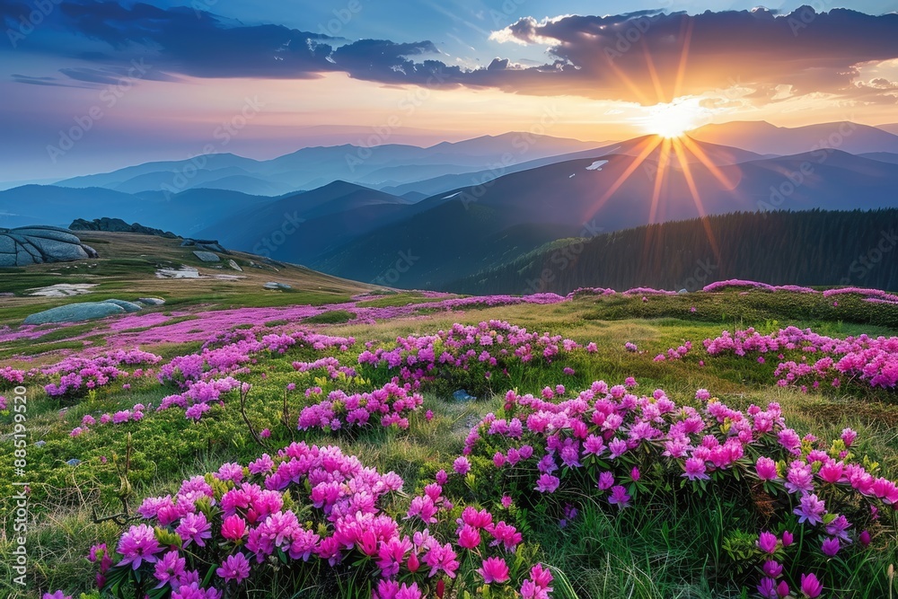 Obraz premium Pink Rhododendron Field at Sunset in the Carpathian Mountains