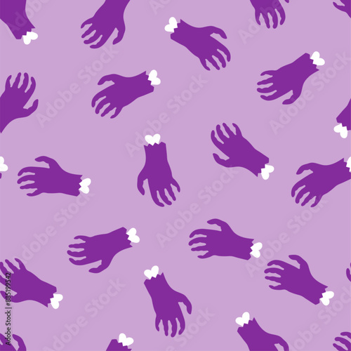 Violet zombie hand seamless pattern. Halloween purple print with creepy zombie hand and bone for wallpaper, wrapping, holiday decor, backdrop, fabric.