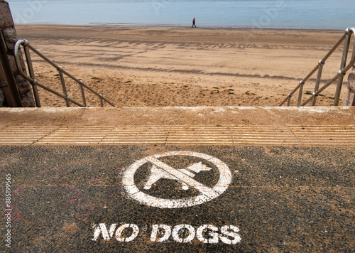 No Dogs sign on the beach at Budleigh Salterton, a seaside town East Devon, England