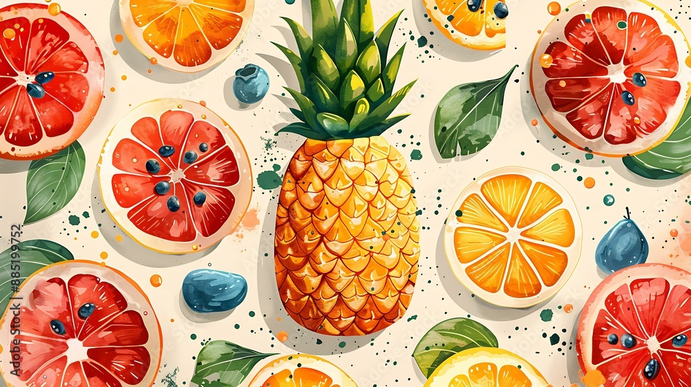 A seamless vector pattern showcasing a mix of summer fruits such as pineapples, watermelons, and citrus slices, designed with bright colors and playful textures A seamless vector pattern showcasing a mix of summer fruits such as pineapples, watermelons, and citrus slices, designed with bright colors and playful textures