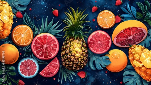 Fototapeta Naklejka Na Ścianę i Meble -  A seamless vector pattern showcasing a mix of summer fruits such as pineapples, watermelons, and citrus slices, designed with bright colors and playful textures