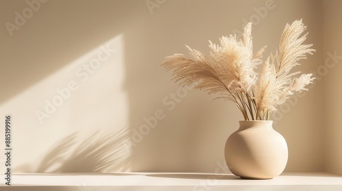 sunbleached pampas grass arrangement in minimalist ceramic vase warm beige backdrop with subtle shadow play clean scandinavian aesthetic