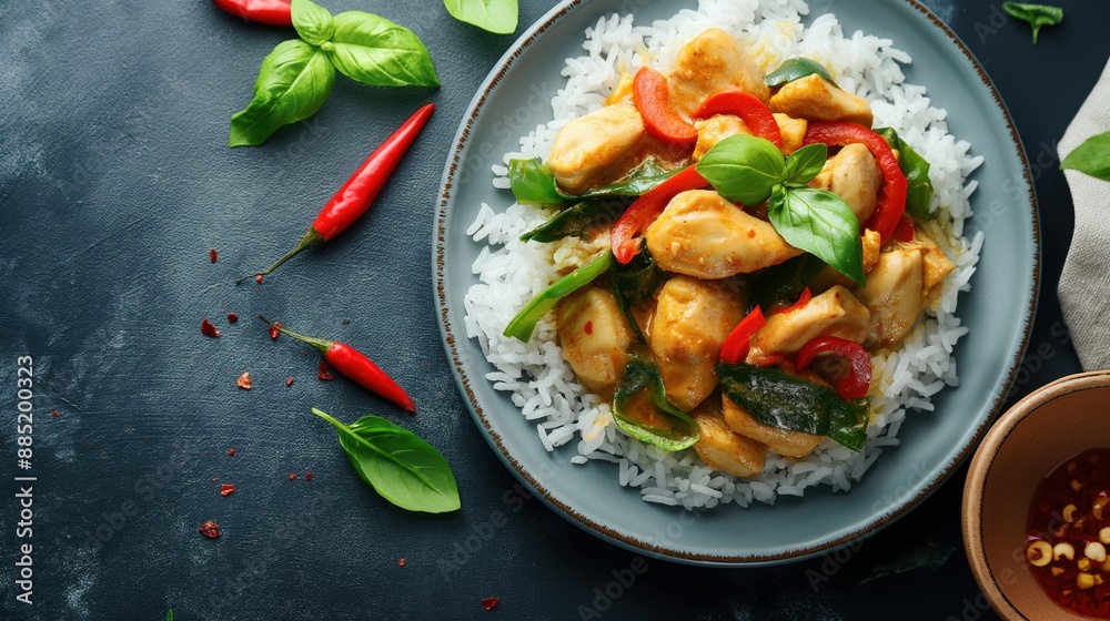 A plate of white rice topped with chicken stir-fry containing bell peppers and fresh basil leaves, with chili peppers and basil leaves scattered around. A plate of white rice topped with chicken stir-fry containing bell peppers and fresh basil leaves, with chili peppers and basil leaves scattered around.