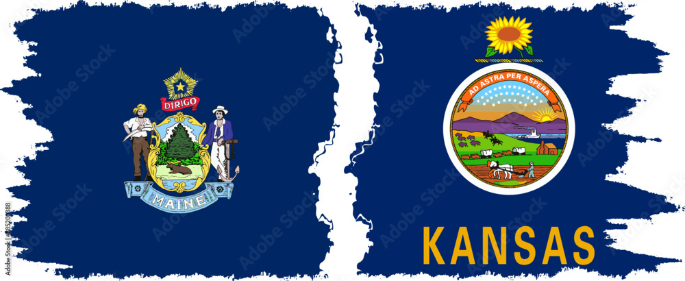 Obraz premium Kansas and Maine states grunge brush flags connection, vector