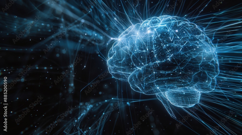 Digital Hologram of Human Brain with Highlighted Neural Connections in Futuristic Blue and White 3D Render - High-Tech Conceptual Visualization Digital Hologram of Human Brain with Highlighted Neural Connections in Futuristic Blue and White 3D Render - High-Tech Conceptual Visualization