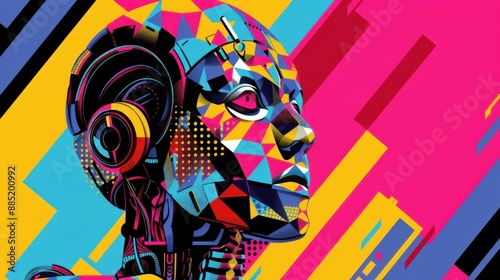 Geometric Pop Art Robot: Vibrant Digital Illustration with Bold Colors and High Contrast