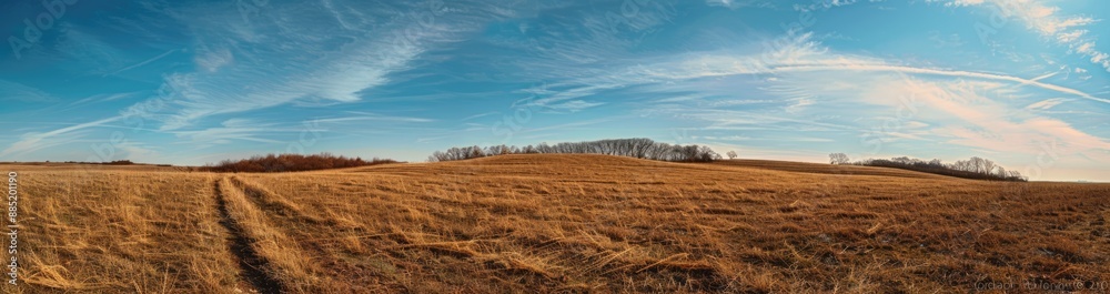 Panoramic View of a Golden Field Under a Blue Sky Panoramic View of a Golden Field Under a Blue Sky