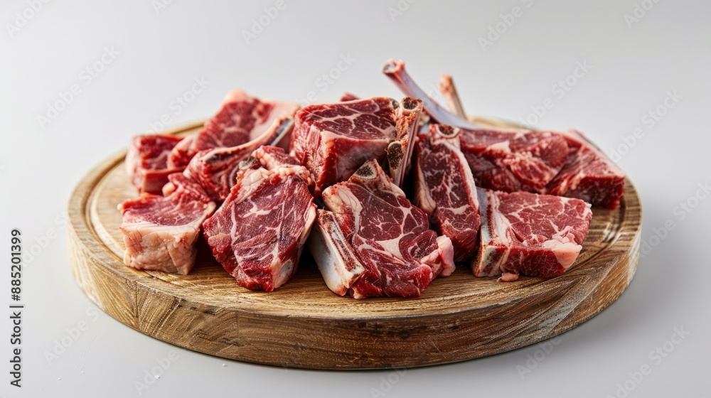 Sliced raw meat and lamb shank pieces on a wooden surface. Generate AI image Sliced raw meat and lamb shank pieces on a wooden surface. Generate AI image