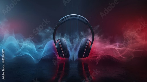 Sleek black headphones against a vibrant red and blue smoky backdrop, showcasing modern audio technology and dramatic visual design. photo