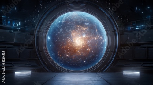 Fototapeta Naklejka Na Ścianę i Meble -  Futuristic space station interior with large circular window looking out into a vibrant nebula, showcasing advanced technology and cosmic beauty.