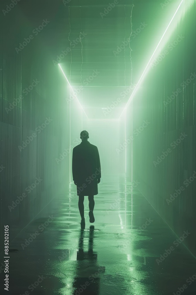 Silhouette Walking Through Neon Green Corridor