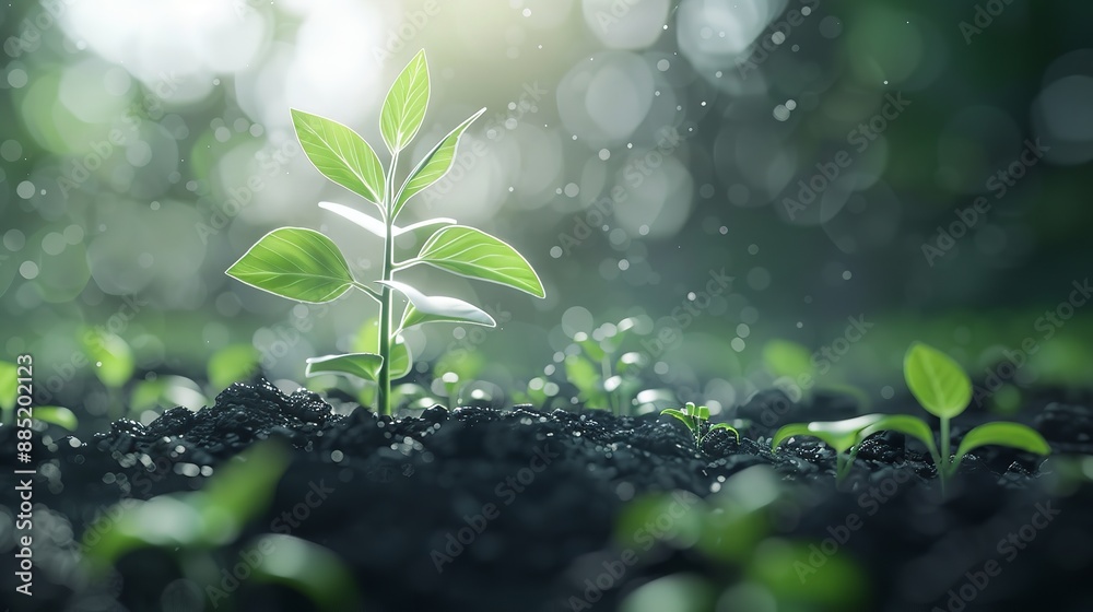 Close-up of a small plant with a graph showing increasing market value and growth Close-up of a small plant with a graph showing increasing market value and growth